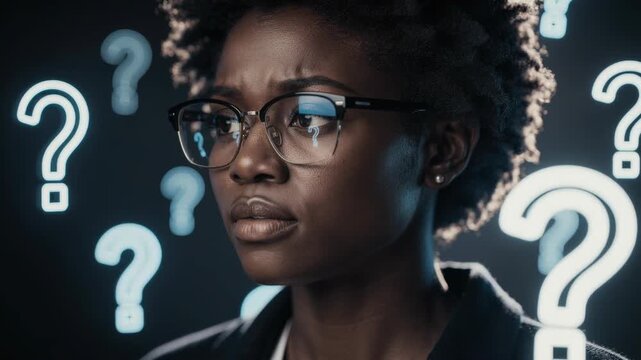 Thoughtful young woman with glasses surrounded by glowing question marks contemplating ideas and uncertainty
