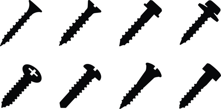 Screw Fastener Icons Set with Wood Screws Machine Screws and Threaded Hardware Silhouettes