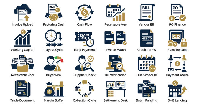 Invoice and Payment Process Icons Set with Cash Flow, Bill Verification, Credit Terms, and Remittance Routing Concepts