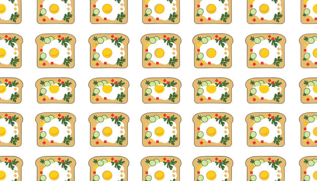 Yummy morning breakfast seamless pattern featuring slices of toast with fried eggs and herbs on white background.