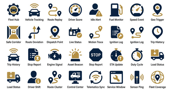 Vehicle Tracking Icons Set with Route Replay, Driver Alerts, Fuel Monitoring, and Gps Geotriggers in Vector Style