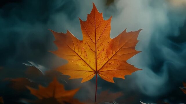 Creative advertising style close-up video of a maple leaf surrounded by soft mist, professional lighting setup emphasizing texture and detail