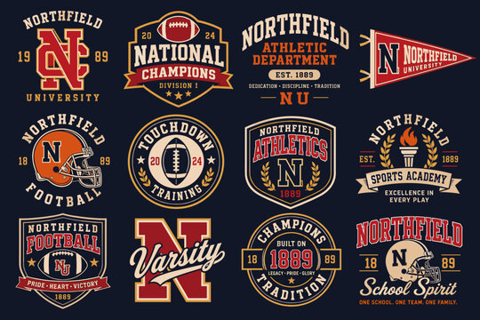 A collection of vintage-style American football and university sports logos and emblems, featuring various designs with 'Northfield' branding, helmets, footballs, and championship themes.