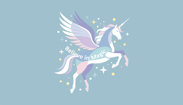 Majestic winged unicorn or pegasus flying surrounded by magical stars and colorful dots on a dusty blue background.