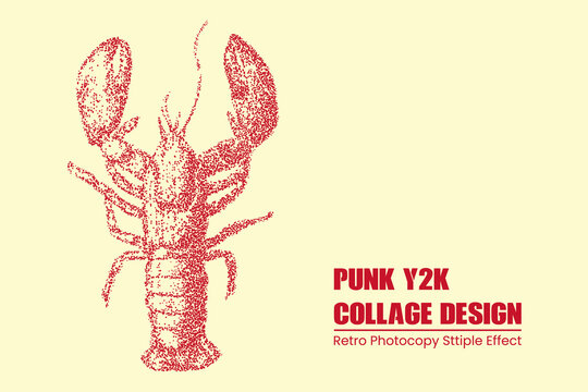 Punk y2k collage design featuring a stipple effect lobster illustration, retro photocopy style graphic element for vintage aesthetic poster design