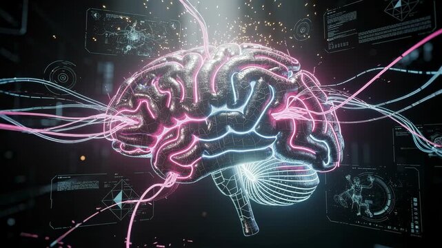Futuristic glowing digital brain with neural connections and data visualizations in dark technology background