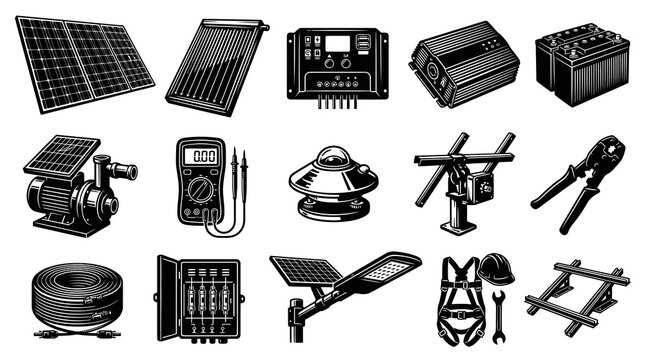 Black  White Engraving Line Art of Solar Energy Equipment, Components, and Installation Tools