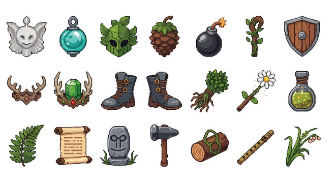 A collection of fantasy RPG game icons featuring magical items, nature-themed gear, potions, and tools in a colorful, hand-drawn vector art style.