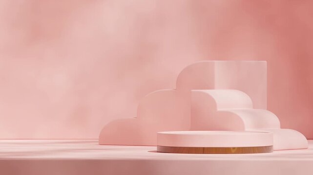 template mockup pink and wood texture cylinder wall of with looping seamless shadow animation stair shape backdrop, 3d render footage