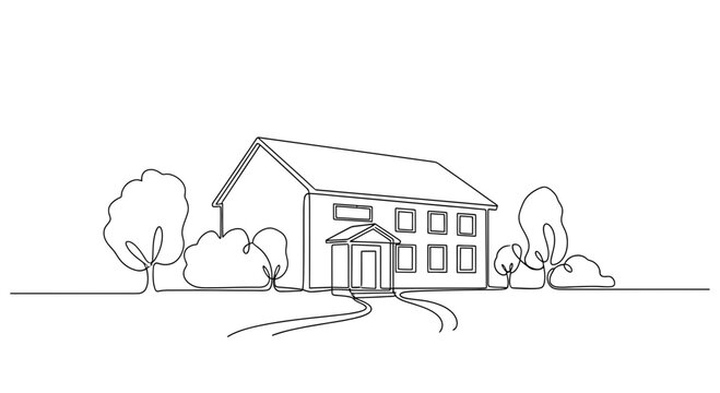 Minimalist house drawing, single line art, home exterior with trees and path
