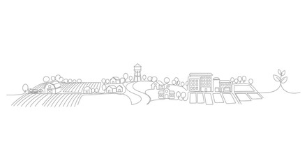 Obraz premium Minimalist farm landscape with houses, barn, water tower, and growing plant line art
