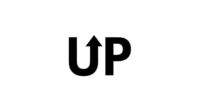 A minimalist black and white graphic design featuring the word up with an arrow as the letter u