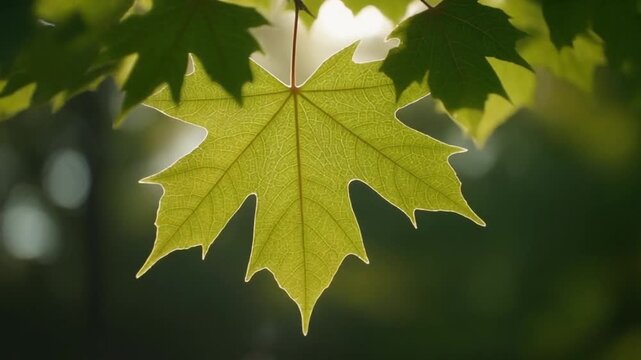 Close-up slow motion video of a maple leaf absorbing light from behind, veins glowing subtly with photography style lighting setup
