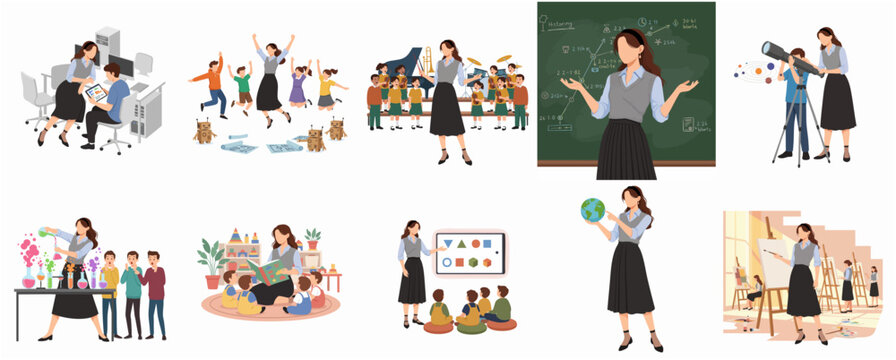 Teacher and Students Education Illustration Set, Learning Activities in Classroom, Science, Art, Music, Technology, and Preschool Education Concepts