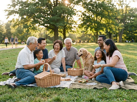 Multi-generational family having a picnic. Diverse group enjoying outdoor meal. Happy relatives bonding.