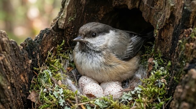 A black-capped chickadee incubating tiny white eggs dotted with fine reddish-brown speckles inside a moss-lined tree cavity