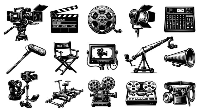 Vintage Engraving Style Film Production Equipment Set. Black and White Hand-Drawn Cinema Gear Icons Collection.