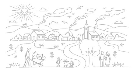 Fototapeta premium Charming village line art: people, farm, nature, sun, church, houses, rural landscape.