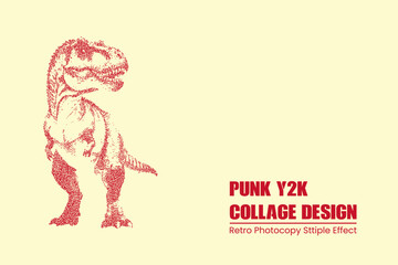 Trex dinosaur illustration with stipple effect, red ink on cream background, retro punk y2k graphic design element for posters and apparel © MDMahmudul