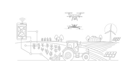 Obraz premium Smart Farming Technology: Drone, Tractor, Smartphone & Wind Turbine in a Digital Agriculture Landscape