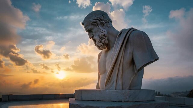 Ancient Greek philosopher statue at sunset with dramatic cloudy sky and warm sunlight