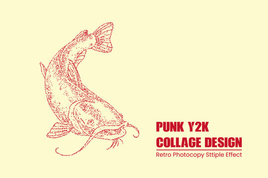 Stipple art illustration of a catfish, vintage punk y2k style graphic design element, retro photocopy texture, handdrawn dotwork fish drawing