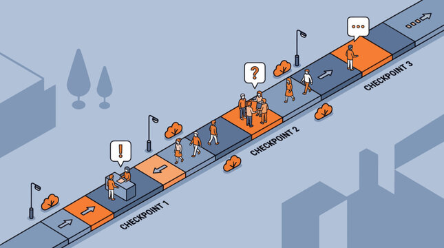 Isometric illustration of people at a security checkpoint station