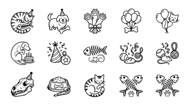 Cute Pet Party Icons: Dog, Cat, Bone, Fish Skeleton, Balloons & Cake