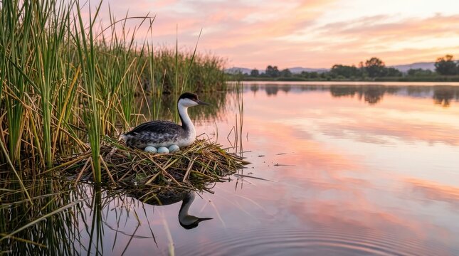 A western grebe resting on chalky bluish-white eggs within a floating platform nest anchored among tall reeds