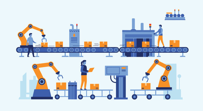 Automated industrial factory floor with conveyor belts, robotic arms moving boxes, and workers monitoring the production process on computers.