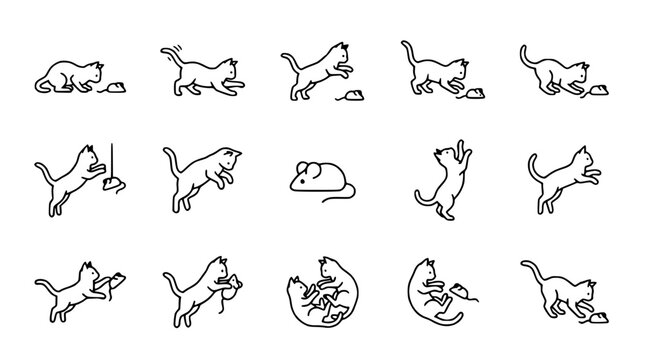 Cute Cat Poses Collection: Playing with Mouse, Eating, Jumping & Resting - Line Art Icons