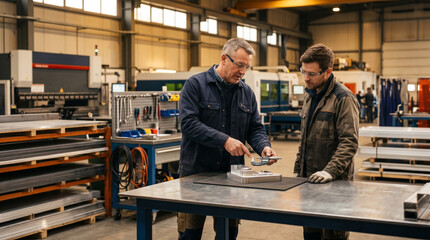 Fototapeta premium Two men measuring metal part in factory workshop