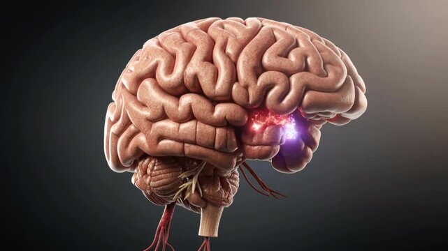 Detailed 3D medical illustration of human brain with electrical impulses on dark background for neuroscience and health