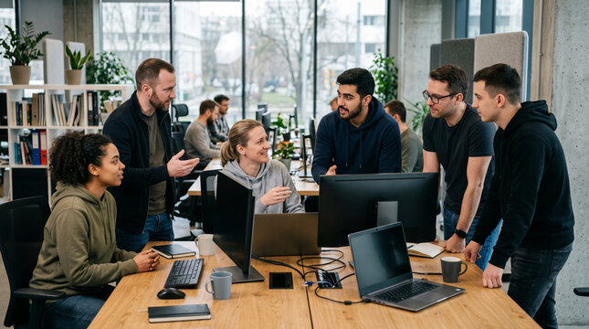 Casual IT team discussing work in modern office