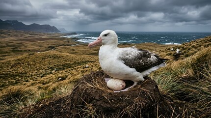 Fototapeta premium A wandering albatross guarding a single white egg lightly speckled reddish at the blunt end atop a raised mud-and-grass mound nest