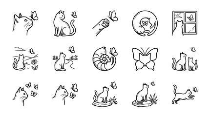 Fototapeta premium Cute Cat and Butterfly Illustrations: A Whimsical Collection of Line Art Icons