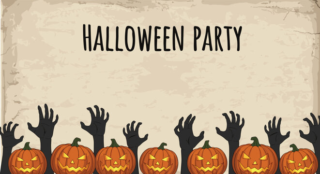 Spooky Halloween party background featuring carved pumpkin lanterns and dark zombie hands reaching up against an aged paper texture.
