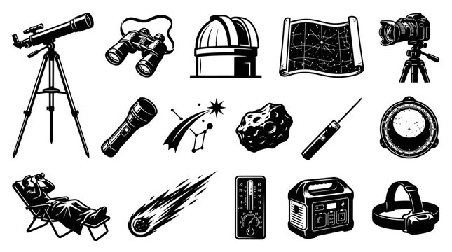Black and White Vintage Line Art Stargazing Astronomy Tools and Equipment Vector Set
