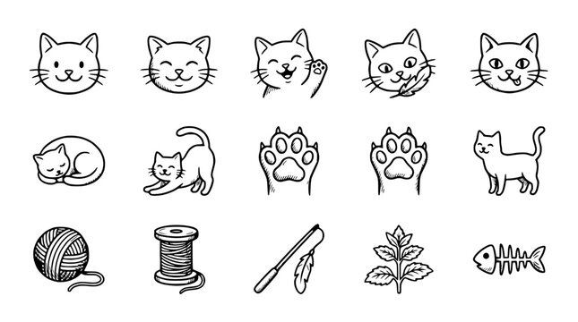 Cute Cat Doodles: Faces, Paws, Sleeping, Playing, Yarn, Fishbone, Herbs