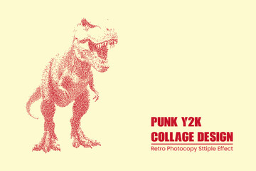Stipple art illustration of a tyrannosaurus rex dinosaur, red dotwork graphic design with a retro photocopy aesthetic on a light cream background © MDMahmudul