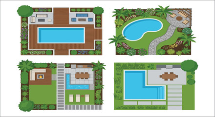 Garden and pool landscape plans vector illustration with outdoor furniture and greenery decking lawn trees plants vegetation top view aerial graphic design residential architecture exterior home © Vactor media 