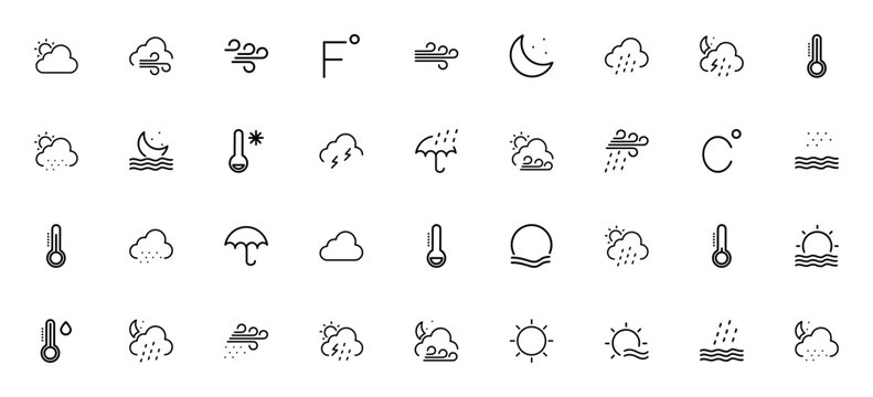 Weather icon set. Minimal thin line web icons pack. Featuring cloudy, wind, rain, storm, snowing, temperature, umbrella, moon, sun, fahrenheit, celsius and more. Editable vector stroke.