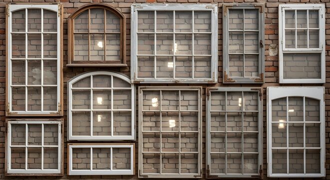 An eclectic arrangement of rustic antique window frames with varying designs, mounted on a textured red brick wall, showcasing architectural heritage and vintage appeal