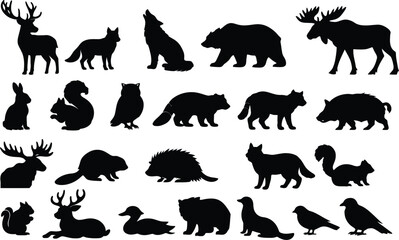 Fototapeta premium Vector illustration of black silhouettes of various endangered wild animals