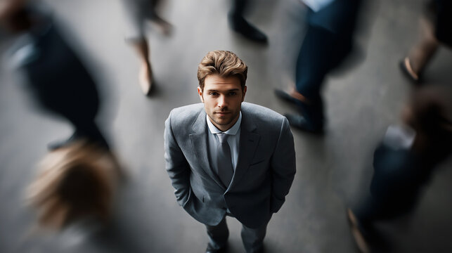 Caucasian business man in busy lobby, blurred background