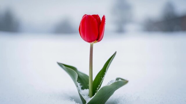 Red tulip flower blooming in fresh white snow with green leaves in cold winter nature
