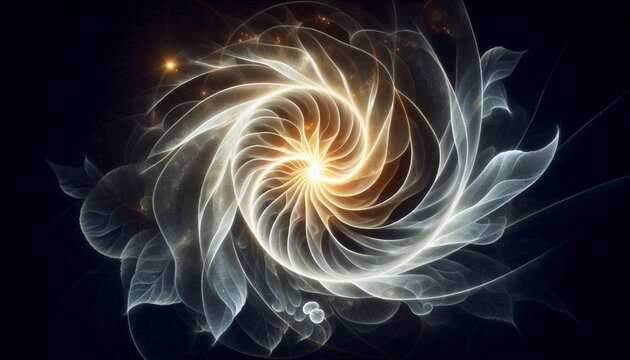 A graceful golden spiral, precisely overlaid on the shell of a nautilus or the seed head of a sunflower, demonstrating how this mathematical ratio appears throughout nature, Ai generated image