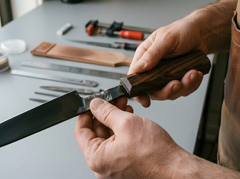 Artisan hands inspecting handmade steel knife with custom dark wood handle in knife making workshop