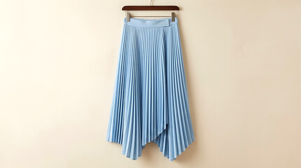 Fototapeta premium Light blue pleated midi skirt with an asymmetric hemline hanging neatly on a wooden hanger