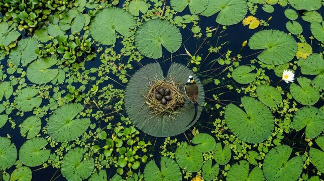 A pheasant-tailed jacana balanced beside glossy dark brown teardrop-shaped eggs resting on a delicate floating lily pad nest